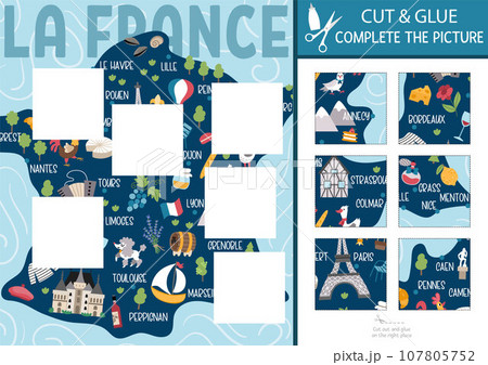 Vector French cut and glue activity. Crafting game with cute France map with cities, traditional symbols. Fun printable worksheet for kids. Find the right piece of the puzzle. Complete the picture 107805752