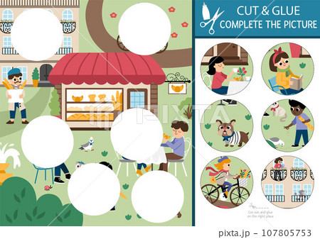 Vector France cut and glue activity. Crafting game with cute Paris city landscape, people, bakery. Fun printable worksheet for kids. Find the right piece of the puzzle. Complete the picture Vector France cut and glue activity. Crafting game with cute Paris city landscape, people, bakery. Fun printable worksheet for kids. Find the right piece of the puzzle. Complete the picture 107805753