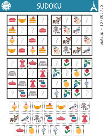 Vector France sudoku puzzle for kids with pictures. Simple French quiz with cut and glue elements. Education activity or coloring page with macaroon, beret, dogs. Draw missing objects Vector France sudoku puzzle for kids with pictures. Simple French quiz with cut and glue elements. Education activity or coloring page with macaroon, beret, dogs. Draw missing objects 107805755