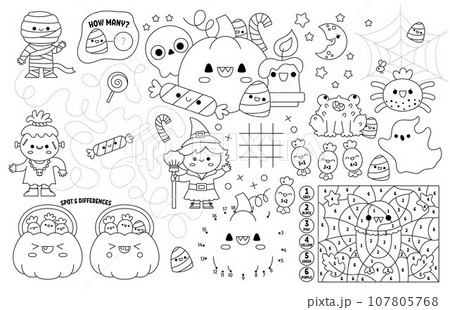 Vector kawaii Halloween placemat for kids. Fall holiday printable activity mat with maze, tic tac toe chart, connect the dots, find difference. Black and white autumn play mat or coloring page 107805768