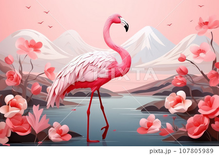 Pink flamingo with exotic flowers Pink flamingo with exotic flowers 107805989