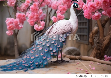 Peacock on sakura background 107806040