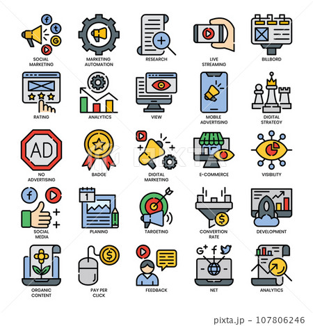 Digital marketings, filled outline and Pixel Perfect Icons set.	 107806246