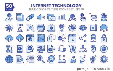 Internet Technology blue colored outline icons set.The collection includes business and development, programming, web design, app design, and more. 107806316