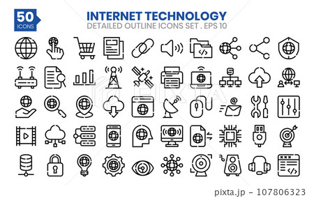 Internet Technology outline icons set.The collection includes business and development, programming, web design, app design, and more. 107806323