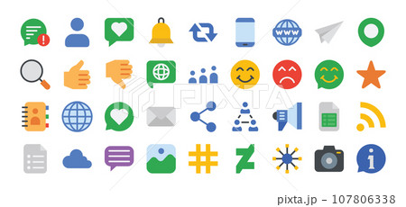 Social Media and Network flat icons set. Social media, social network, chat, message, blog icon collection. Vector icons set. 107806338