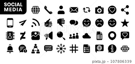 Social Media and Network glyph icons set. Social media, social network, chat, message, blog icon collection. Vector icons set. Social Media and Network glyph icons set. Social media, social network, chat, message, blog icon collection. Vector icons set. 107806339