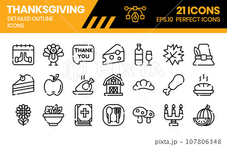 Thanksgiving outline icons set. The icons collection includes be used in social media posts, web design, app design, and more.	 107806348