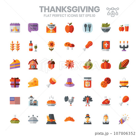 Thanksgiving flat icons set. The element collection includes be used in social media posts, web design, app design, and more.	 107806352