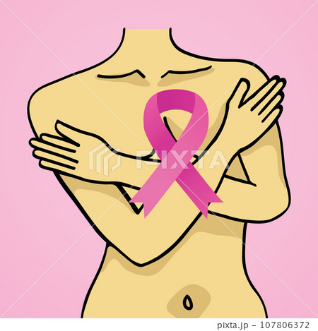 Breast Cancer Awareness Month featuring a young woman covering her chest. Hand drawn vector illustration Breast Cancer Awareness Month featuring a young woman covering her chest. Hand drawn vector illustration 107806372