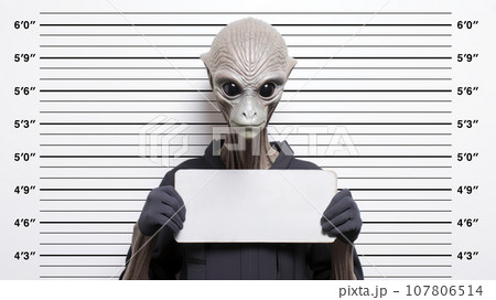 Close-up mugshot of a tall alien figure holding a blank name sign 107806514