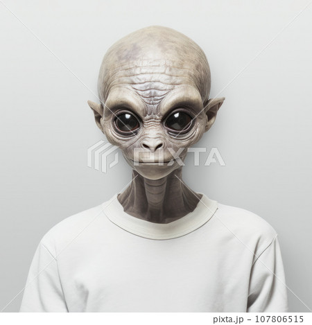 Headshot of an alien creature with grey skin wearing white t-shirt Headshot of an alien creature with grey skin wearing white t-shirt 107806515