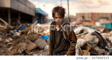Boy with messy hair stands in front of panorama of trash piles in dystopian urban slum Boy with messy hair stands in front of panorama of trash piles in dystopian urban slum 107806525