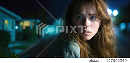 A teenage girl in a suburban residential area at night looks nervously over her shoulder 107806549