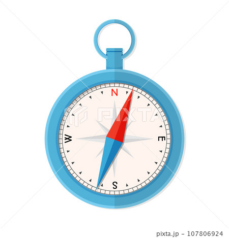 Vintage blue compass instrument, measuring tool for navigation and orientation.Flat style vector illustration isolated on white background. Vintage blue compass instrument, measuring tool for navigation and orientation.Flat style vector illustration isolated on white background. 107806924