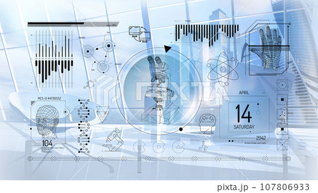 A virtual interface that features abstract infographics on the subject of medical research. A virtual interface that features abstract infographics on the subject of medical research. 107806933
