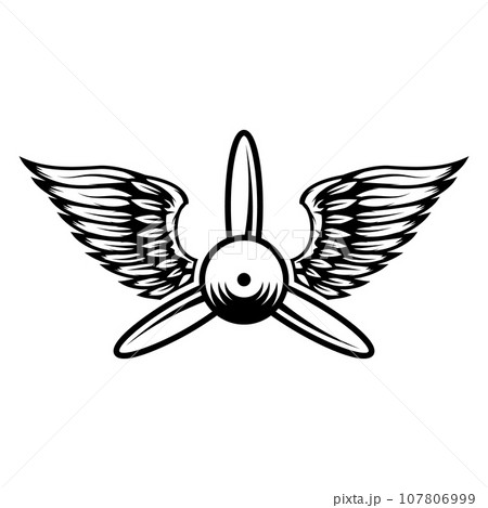 Airplane propeller with bird wings. Design element for logo, label, sign, emblem. Vector illustration Airplane propeller with bird wings. Design element for logo, label, sign, emblem. Vector illustration 107806999