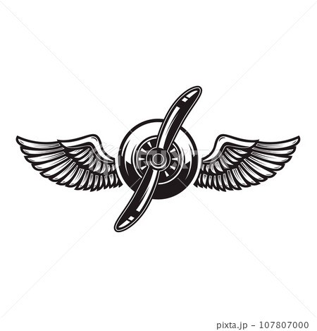 Airplane propeller with bird wings. Design element for logo, label, sign, emblem. Vector illustration 107807000