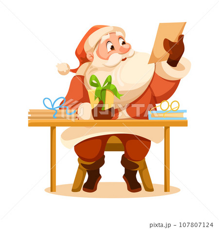 Funny Santa Character with White Beard and Red Hat at Table Read Letter Vector Illustration 107807124