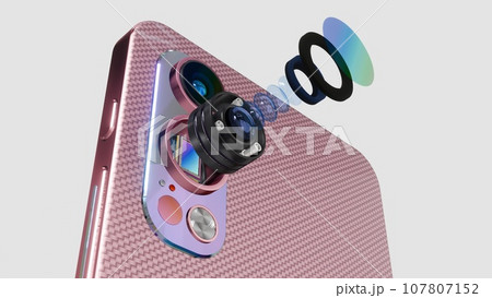 Pink gold smartphone cameras close up with metallic finish, lens exploded view, futuristic 3D rendering Pink gold smartphone cameras close up with metallic finish, lens exploded view, futuristic 3D rendering 107807152