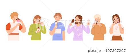 People eat desserts. Young adults eating sweet dessert, ice creams in waffle cones, popsicles and in cup. Enjoying person with food snugly vector set People eat desserts. Young adults eating sweet dessert, ice creams in waffle cones, popsicles and in cup. Enjoying person with food snugly vector set 107807207