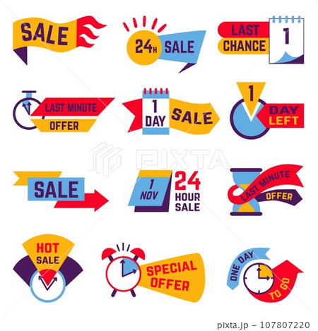 Sale countdown badges, hot promo shopping labels. Discount ad or announcement, special prices store badge stickers neoteric vector templates 107807220