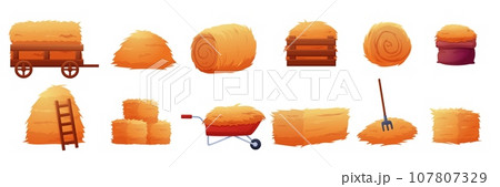 Hay piles and biles isolated on white. Yellow cartoon haystacks, seasonal agriculture time. Autumn harvest, farming and nowaday countryside vector set 107807329