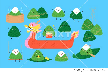 Cute cartoon rice dumplings and dragon boat. Asian dumpling, oriental food characters. Zongzi for festival, funny chinese racy vector collection 107807335