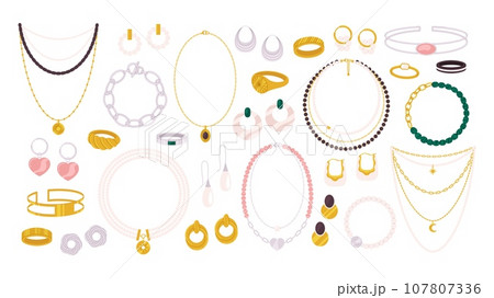 Flat gold silver jewelry collection. Ring and necklace, earrings with pearls and stones. Flat fashion female accessories racy vector clipart 107807336