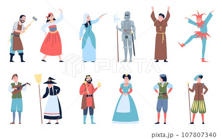 Fairy tale characters. Medieval kingdom citizens, queen and king, knight in armor. Magic witch and dancers, actors and musician recent vector set 107807340