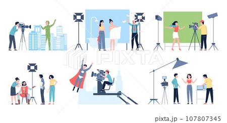 Movie shooting process. Filmmaking team and actors. Film production process, actress on camera and angry director Movie shooting process. Filmmaking team and actors. Film production process, actress on camera and angry director 107807345