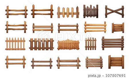 Rural wooden fences set. Isolated wood fence, village decorative and safety elements. Cartoon outside and yard vector design Rural wooden fences set. Isolated wood fence, village decorative and safety elements. Cartoon outside and yard vector design 107807691