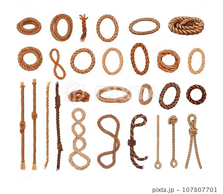 Nautical ropes isolated clipart. Rope circles, ship and boats equipments. Marine cartoon sketch elements, decorative vector collection 107807701