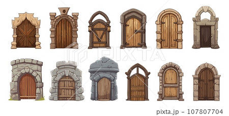 Medieval arch wooden doors in castle. Isolated cartoon ancient door in stones, kingdom gates. Game elements, old buildings entrances vector set Medieval arch wooden doors in castle. Isolated cartoon ancient door in stones, kingdom gates. Game elements, old buildings entrances vector set 107807704