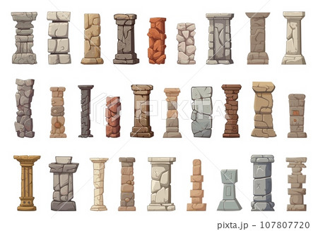 Ancient stone columns. Isolated pillars, stones piles. Cartoon medieval totems or wall elements, decorative tombstones vector clipart 107807720