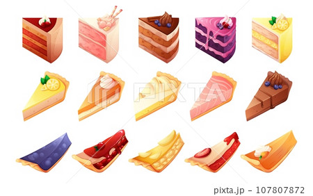 Cartoon pies slices. Cheesecake slices lemon sponge pie portion, pastries cake layer with different filling tiramisu fruit custard meringue pastry food, garish vector illustration 107807872