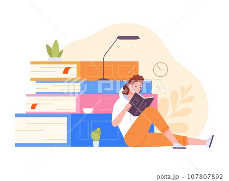 Student at book heap. Intern nurse girl or teacher learning many books, person read textbook stack in library, school education homework or exam study concept vector illustration 107807892