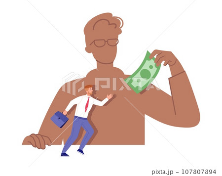 Money manipulation. Cash aspiration or greed concept, employee run catching dollar, deceiver salesman or job boss controlling worker financial slave, corruption vector illustration Money manipulation. Cash aspiration or greed concept, employee run catching dollar, deceiver salesman or job boss controlling worker financial slave, corruption vector illustration 107807894