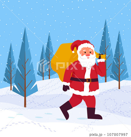 Cheerful Santa carries gifts in a sack through the winter forest. Illustration for Christmas. Winter landscape with snow and fir trees. Vector flat illustration. F 107807997