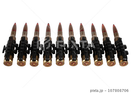 Ammunition belt with cartridges for heavy machine gun isolated on white. 107808706