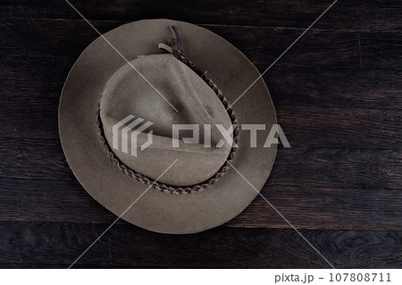 Old west hat on table. Top view. 107808711