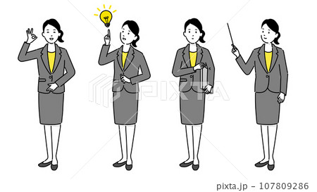 スーツを着た笑顔のビジネスウーマンのイラストセット、ベクター スーツを着た笑顔のビジネスウーマンのイラストセット、ベクター 107809286