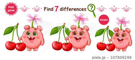 Cute fantasy monster alien and cherry berry fruit, find 7 difference education children puzzle game. Funny fictional humanoid mutant character. Compare picture. Kid logical learning worksheet vector Cute fantasy monster alien and cherry berry fruit, find 7 difference education children puzzle game. Funny fictional humanoid mutant character. Compare picture. Kid logical learning worksheet vector 107809298