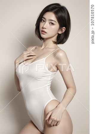 ショートボブの水着の女性のポートレート（AI生成画像） 107810570