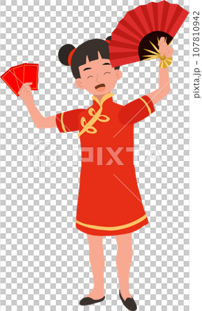 Festive Asian Celebration. Cute Kid in Traditional Chinese Outfit with Fan and Red Envelope Festive Asian Celebration. Cute Kid in Traditional Chinese Outfit with Fan and Red Envelope 107810942