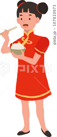 Happy Little Kid in Chinese Traditional Costume Eating Rice with Chopsticks. Chinese New Year Celebration Happy Little Kid in Chinese Traditional Costume Eating Rice with Chopsticks. Chinese New Year Celebration 107810973