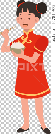 Happy Little Kid in Chinese Traditional Costume Eating Rice with Chopsticks. Chinese New Year Celebration Happy Little Kid in Chinese Traditional Costume Eating Rice with Chopsticks. Chinese New Year Celebration 107810973