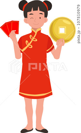 Happy Little Kid in Chinese Traditional Costume with Red Envelope and Gold Coin 107810979