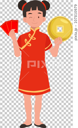 Happy Little Kid in Chinese Traditional Costume with Red Envelope and Gold Coin 107810979