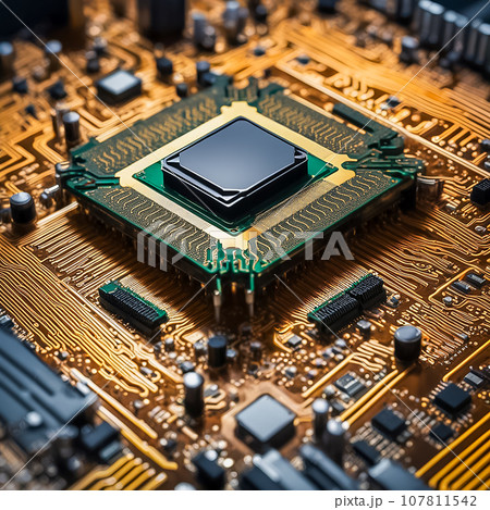電子回路の基盤の上に置かれたコンピューター 電子回路の基盤の上に置かれたコンピューター 107811542